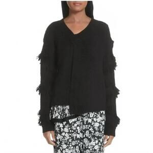 NEW YIGAL AZROUEL cold shoulder fringe mixed media wool sweater in black